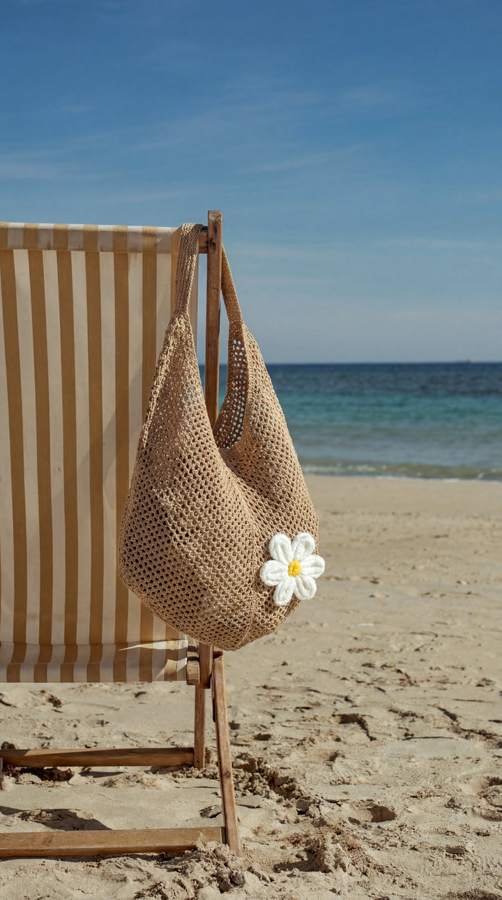 Mrežasta plažna torba Daisy – camel z marjetico